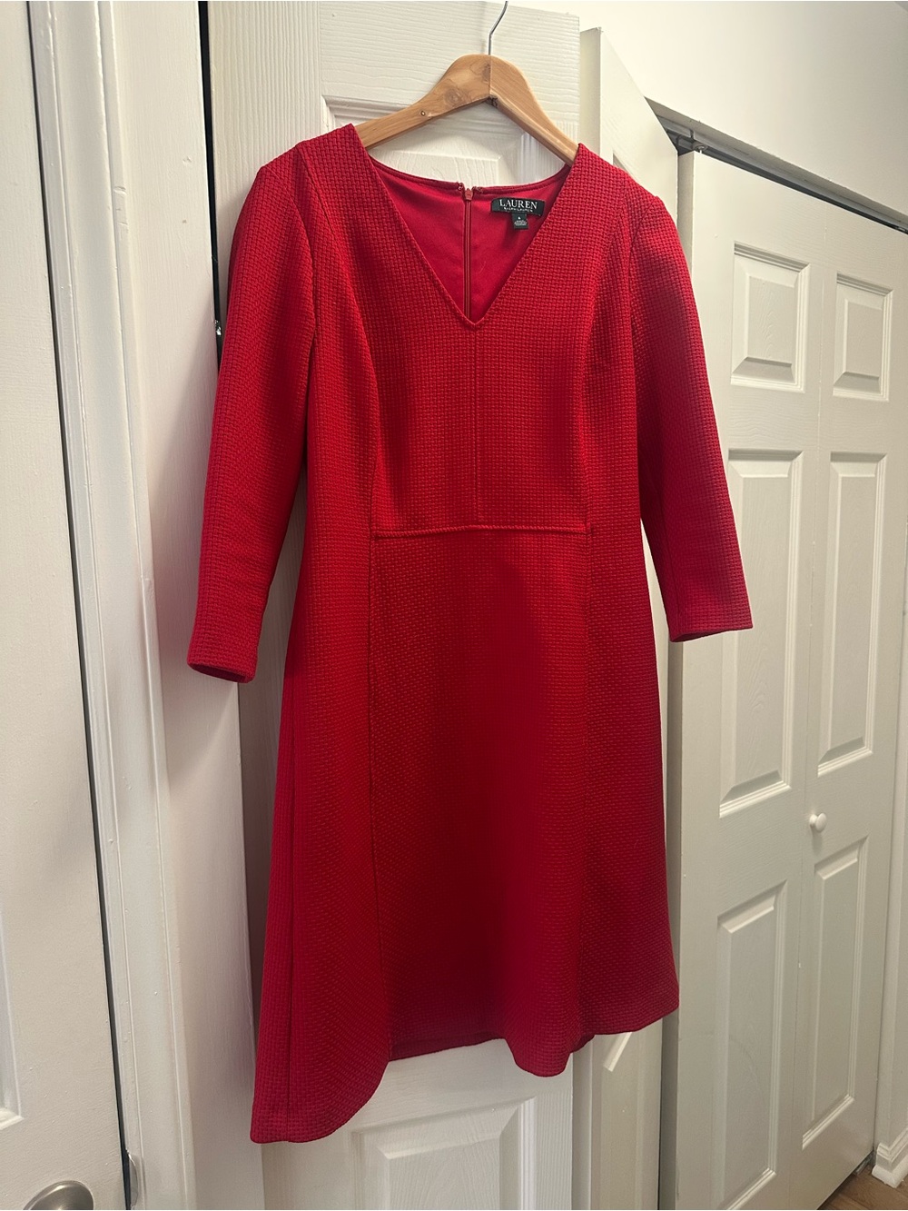 Ralph Lauren Red V-Neck Textured Long-Sleeve Dress